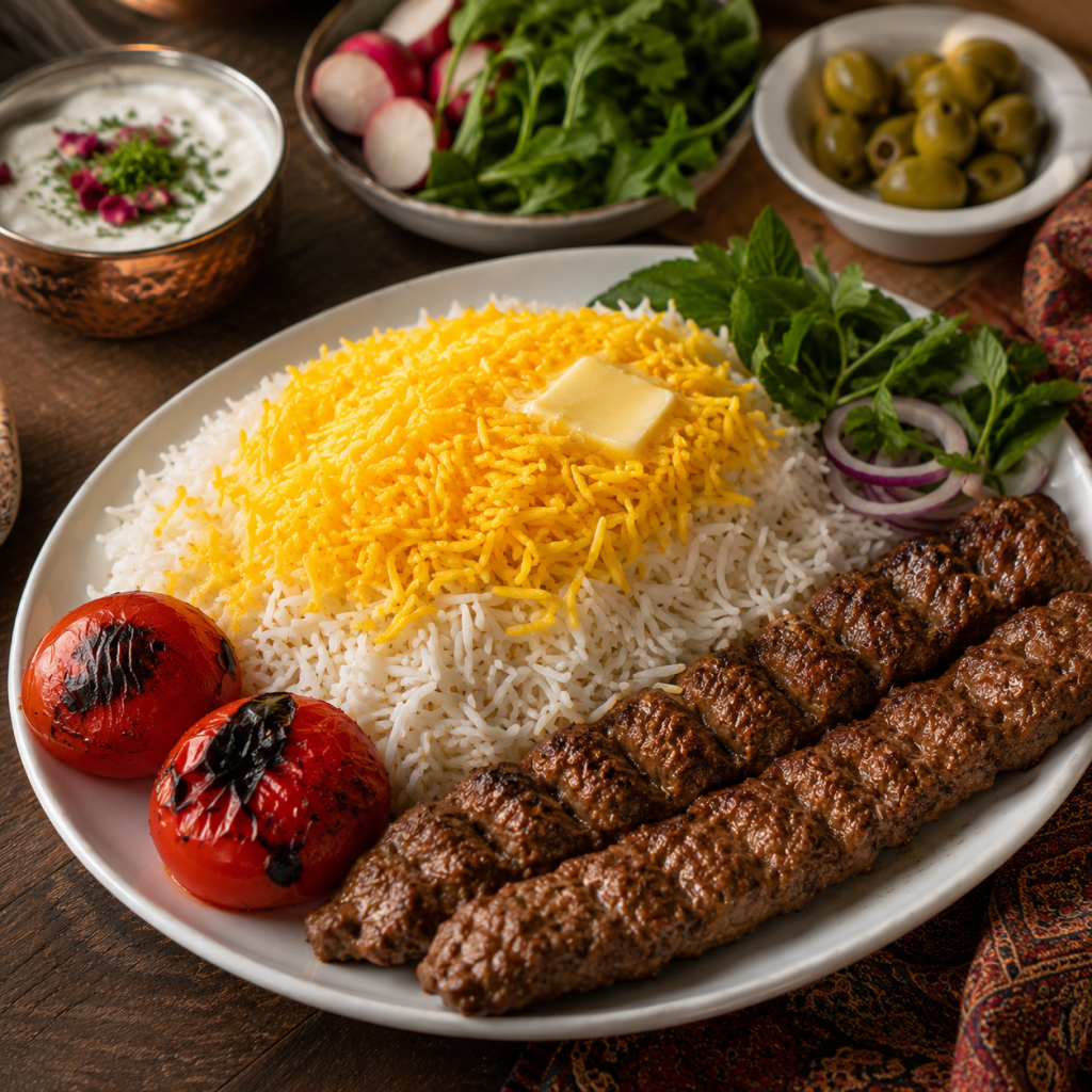 چلوکباب خانگی با برنج زعفرانی حسینیان