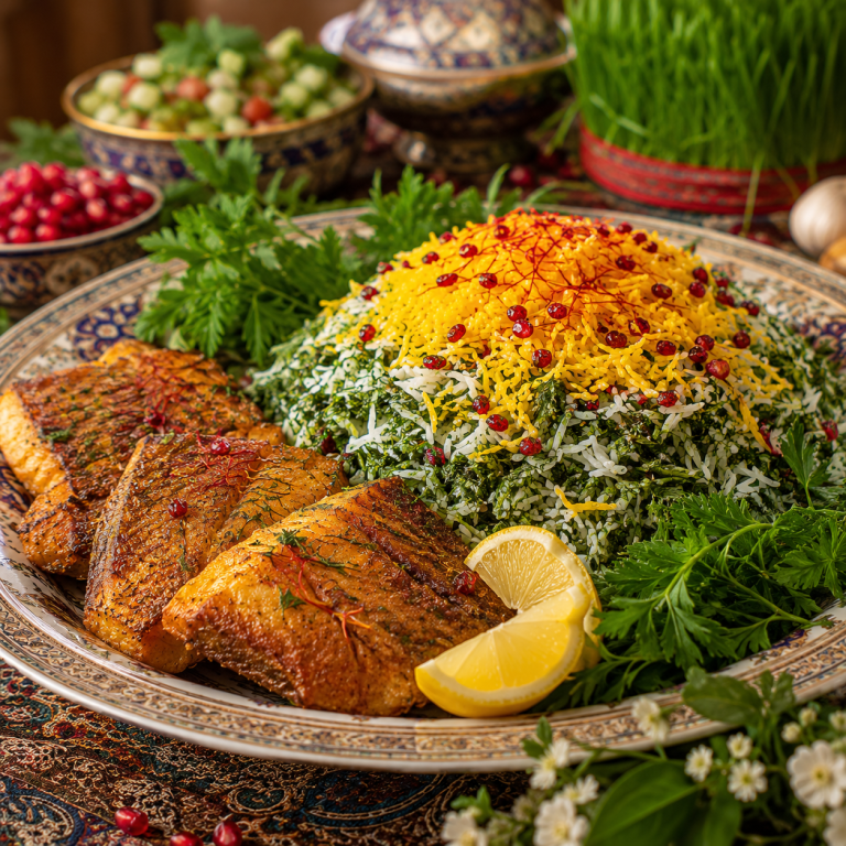 سبزی‌پلو با ماهی و زعفران حسینیان